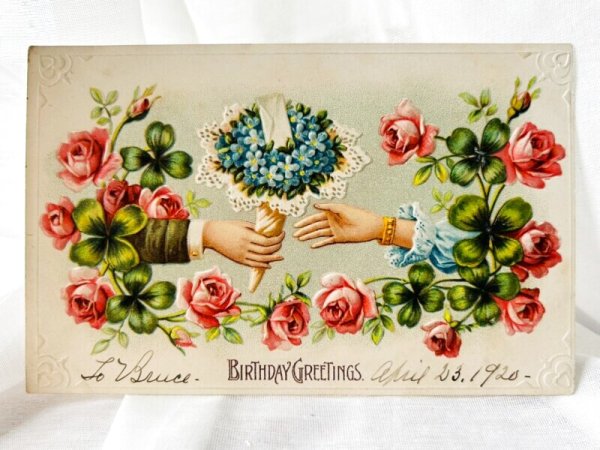 画像1: Postcard  　アンティークポストカード　忘れな草のお花と手　薔薇 (1)