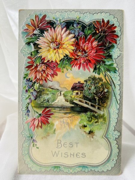 画像1: Postcard  　アンティークポストカード　ガーベラのお花と水辺の風景 (1)
