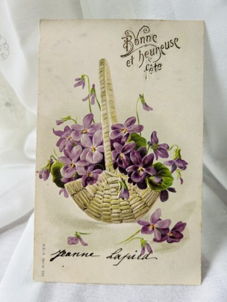 画像1: Postcard  　アンティークポストカード　スミレのお花かご　パニエ　フランス1905年 (1)