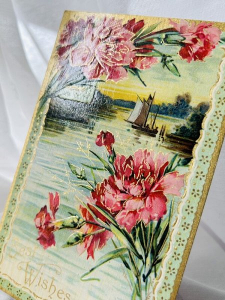 画像2: Postcard   アンティークポストカード カーネーションのお花と水辺の風景 1909年 (2)