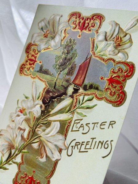画像2: Postcard  　アンティークポストカード　イースター　白百合のお花の十字架 (2)