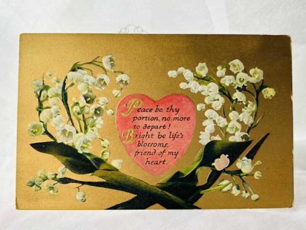 画像1: Postcard  　アンティークポストカード　スズランのお花とハート　（未使用） (1)