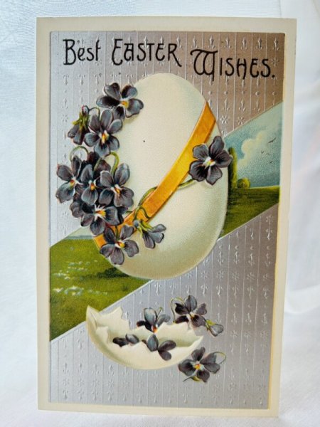画像1: Postcard  　アンティークポストカード　イースター　スミレのお花とイースターエッグ　卵 (1)
