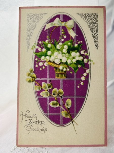 画像2: Postcard  　アンティークポストカード　イースター　スズランのお花かご　パニエ　（未使用） (2)