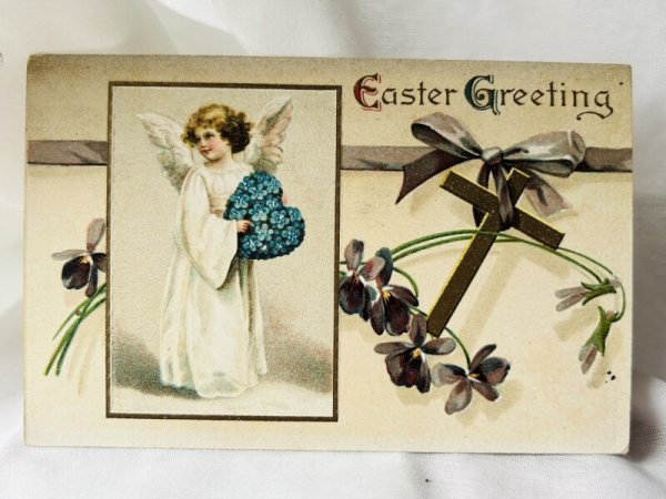 画像1: Postcard  アンティークポストカード　イースター　天使　スミレのお花　Ellen Clapsaddle　1911年 (1)