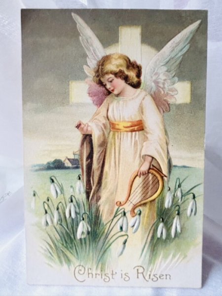画像1: Postcard  アンティークポストカード　スノードロップのお花とハープを持つ天使　Ellen Clapsaddle　1909年 (1)