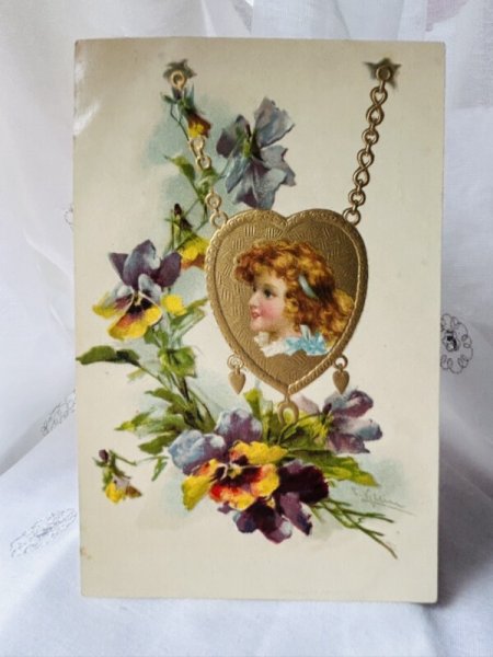 画像1: Postcard  アンティークポストカード　パンジーのお花と女の子　F.Brundage　 Catherine Klein (1)