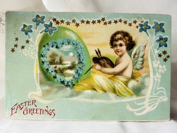 画像1: Postcard  アンティークポストカード　イースター　卵に絵を描く天使　Ellen Clapsaddle (1)
