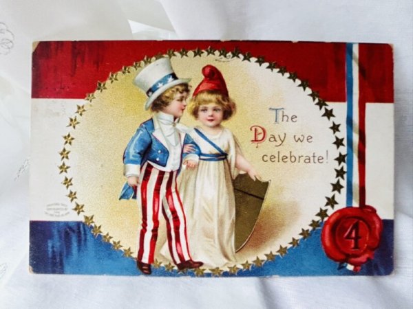 画像1: Postcard  アンティークポストカード　アメリカ　独立記念日　July 4th 1909年　Ellen Clapsaddle　 (1)