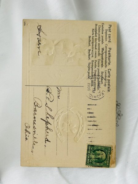 画像3: Postcard   アンティークポストカード 3匹の猫と馬蹄 アカツメクサ Helena Maguire  (3)