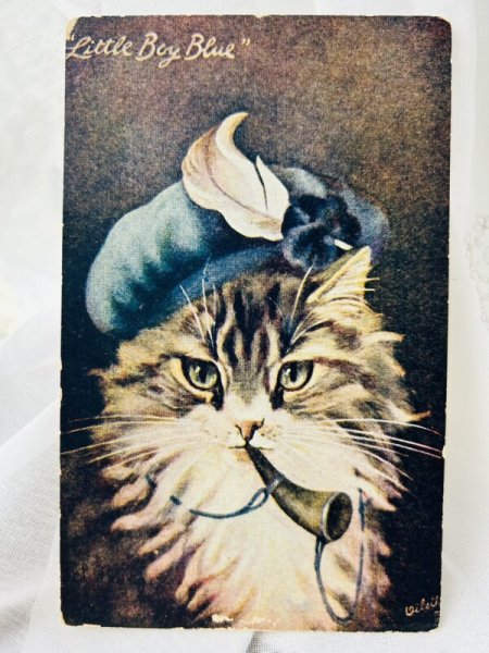 画像1: Postcard　アンティークポストカード　角笛を吹く猫　Little Boy Blue   G.L.Barnes (未使用) (1)