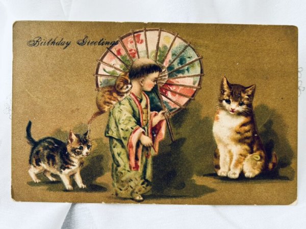 画像1: Postcard  　アンティークポストカード　 日本の子どもと猫たち　Helena Maguire  (1)