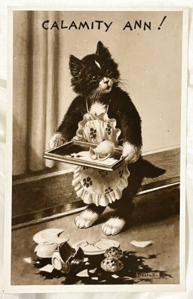 画像1: Postcard　アンティークポストカード　ティーセットを落としてしまった猫さん　黒白猫　スコーン　Bestall 　イギリス(未使用) (1)