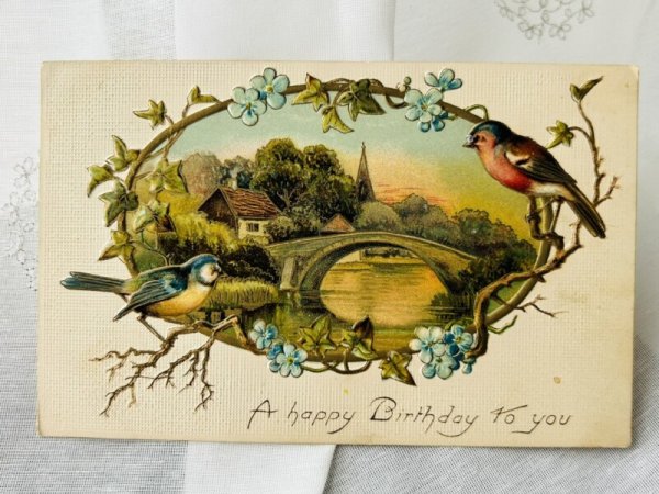画像1: Postcard  　アンティークポストカード　風景と小鳥　ロビン　アオガラ　1909年 (1)