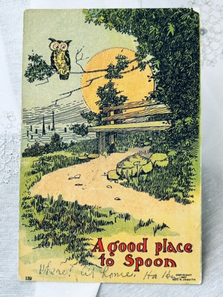 画像1: Postcard 　アンティークポストカード　大きな月とフクロウ　アメリカ1909年 (1)