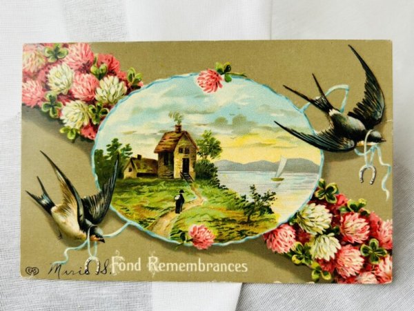 画像1: Postcard  　アンティークポストカード　ツバメと水辺の風景　1909年 (1)