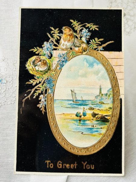 画像1: Postcard  　アンティークポストカード　ロビンと水辺の風景　 (1)