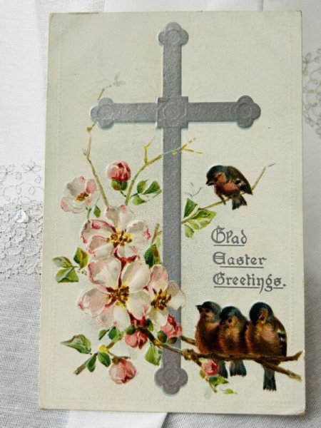 画像1: Postcard  　アンティークポストカード　イースター　小鳥と十字架　桃のお花 (1)