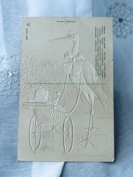 画像3: Postcard 　アンティークポストカード　乳母車の赤ちゃんとコウノトリ　（未使用） (3)