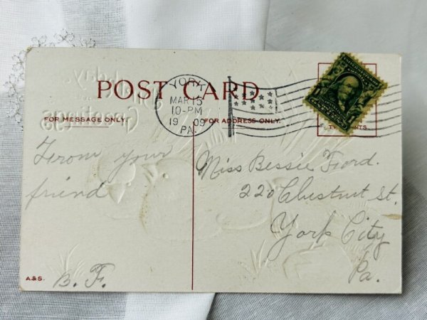 画像2: Postcard   アンティークポストカード 水浴びをする小鳥たち 1909年 (2)