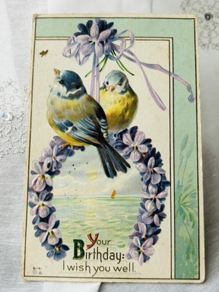 画像1: Postcard  　アンティークポストカード　スミレのお花の馬蹄と小鳥　アオガラ　1914年 (1)