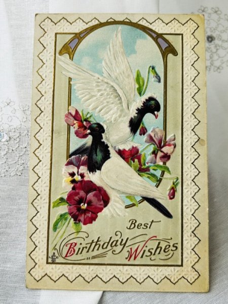画像1: Postcard 　アンティークポストカード　鳩とパンジーのお花　オリエンタルフリル (1)