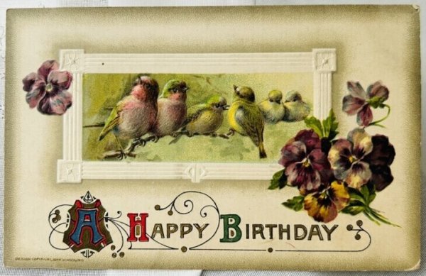 画像1: Postcard  　アンティークポストカード　パンジーのお花と小鳥　 (1)