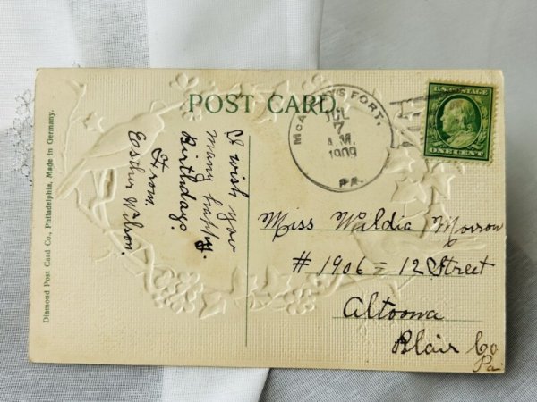 画像2: Postcard   アンティークポストカード 風景と小鳥 ロビン アオガラ 1909年 (2)