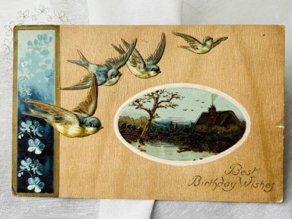 画像1: ▼SALE 500▼　Postcard　アンティークポストカード　小鳥と風景 (1)