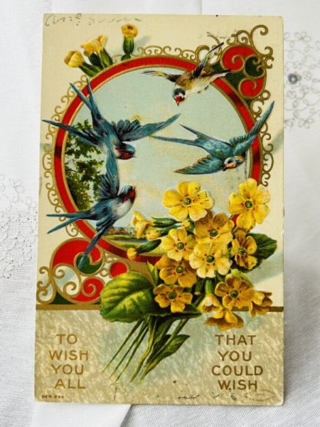 画像1: Postcard  　アンティークポストカード　ツバメとお花　1909年 (1)