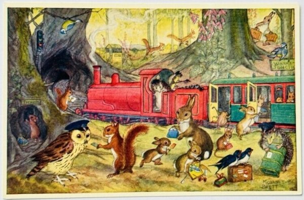 画像1: Postcard  ビンテージポストカード　汽車に乗る森の動物たち　Molly Brett 　(未使用) (1)