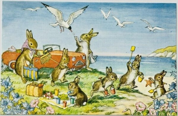 画像1: Postcard  ビンテージポストカード　ウサギさんの浜辺でピクニック　Molly Brett　(未使用) (1)