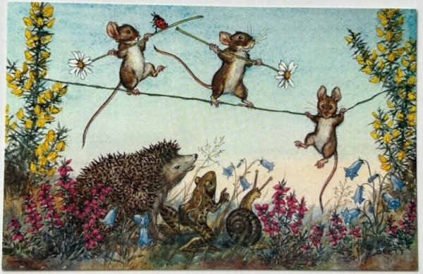 画像1: Postcard  ビンテージポストカード　ネズミさんの綱渡り　Molly Brett　(未使用) (1)