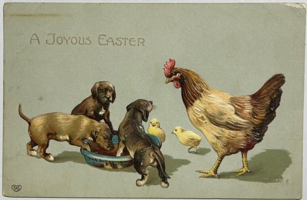画像1: Postcard  　アンティークポストカード　イースター　ダックスフンド犬とニワトリとヒヨコ　1909年 (1)