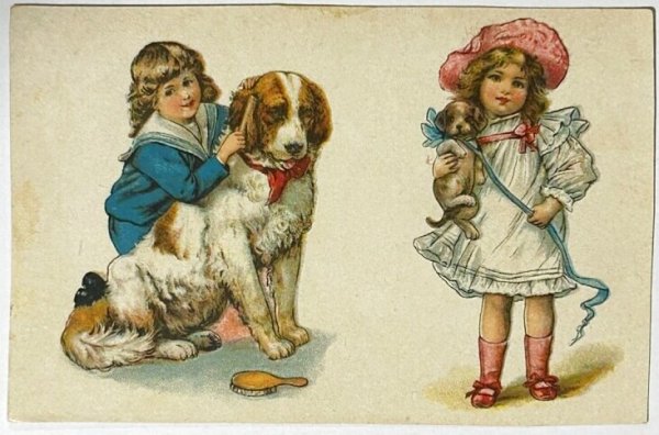 画像1: Vintage greeting card  　アンティークカード　子どもたちと犬たち　 (1)