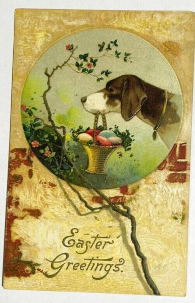 画像1: Postcard  　アンティークポストカード　イースター　バスケットとハウンド犬　卵 (1)