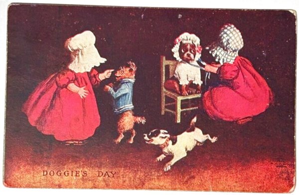 画像1: Postcard  　アンティークポストカード　ボンネット帽子の女の子たちと犬たち　テリア　フレンチブルドッグ　1910年 (1)