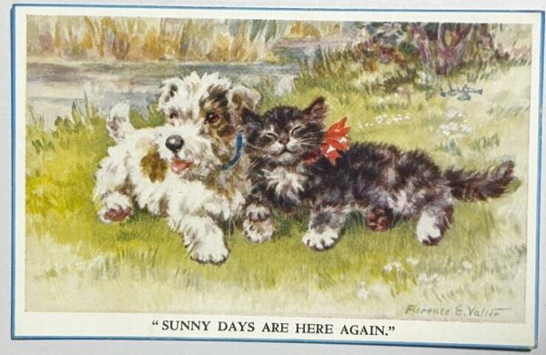 画像1: Postcard  　アンティークポストカード　仲良しの犬と猫　テリア犬　Florence E Valtar （未使用） (1)