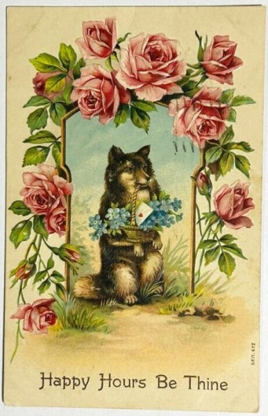 画像1: Postcard  　アンティークポストカード　お花のバスケットを持つ犬　忘れな草　薔薇　1909年 (1)