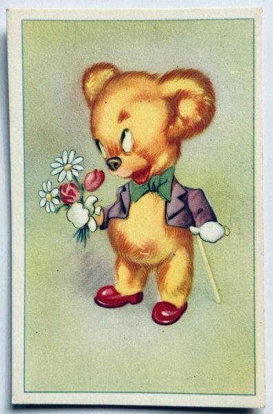 画像1: Postcard　アンティークポストカード　花束を持つクマさん　テディベア　（未使用） (1)