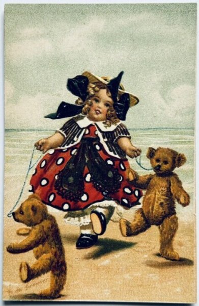 画像1: Postcard　アンティークポストカード　浜辺を散歩する女の子とテディベア　M.Greiner 　 (1)
