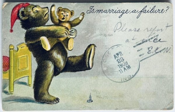 画像1: Postcard　アンティークポストカード　小熊を寝かせるテディベア　1909年 (1)