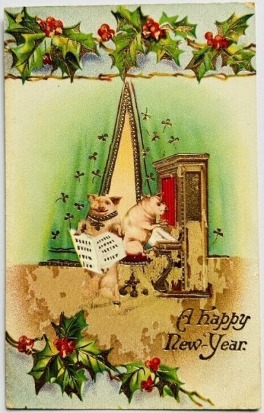 画像1: Postcard  アンティークポストカード　新年　New Year　歌う豚とピアノを弾く豚 (1)