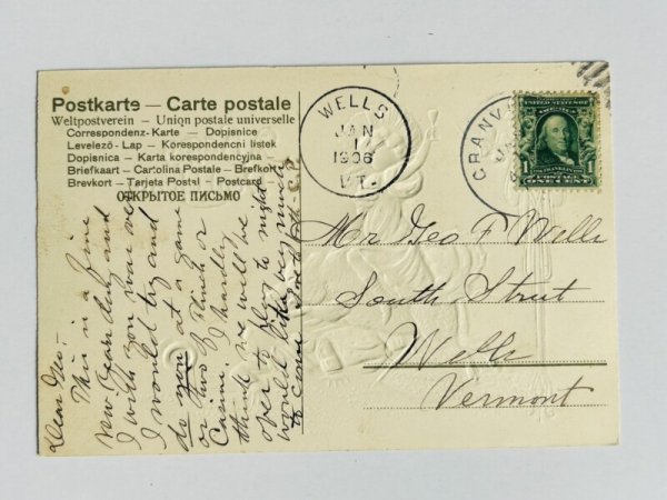 画像2: Postcard  アンティークポストカード 新年祝い New Year  豚に乗る女性 1906年 (2)