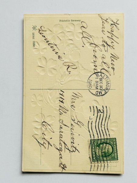 画像2: Postcard  アンティークポストカード　新年祝い　New Year 豚に乗るオランダ風の女の子　四つ葉クローバー　1910年 (2)