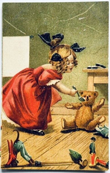 画像1: Postcard　アンティークポストカード　お食事中の女の子とテディベア　M.Greiner 　1907年 (1)