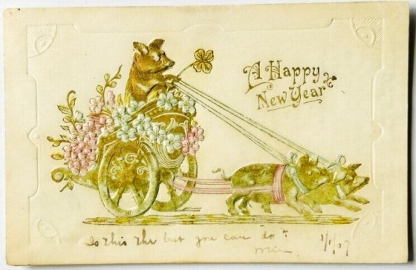 画像1: Postcard  アンティークポストカード　新年祝い　New Year 豚さんの豚車　 (1)