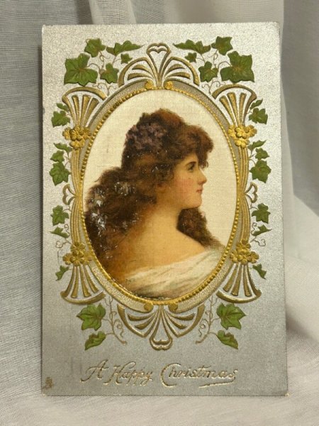 画像1: Postcard  　アンティークポストカード　横顔の女性　シルク　1915年 (1)
