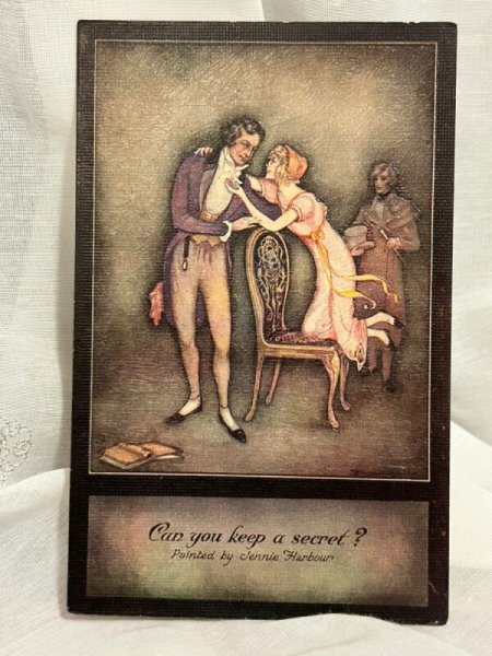画像1: Postcard　アンティークポストカード　秘密を守れる？　Can you keep a secret? 男性に話しかける女性　 ジェニーハーバー　by Jennie Harbour （未使用） (1)
