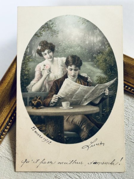 画像2: Postcard アンティークポストカード 恋人たち 新聞 M.M.VIENNE ベルギー1912年 (2)